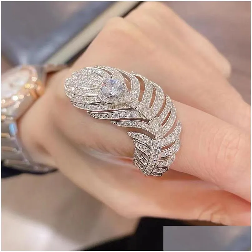 Ins Top Sell Wedding Rings Luxury Jewelry 925 Sterling Silver Pave White Sapphire CZ Diamond Gemstones Eternity Feather Open Adjustable Ring for Lover