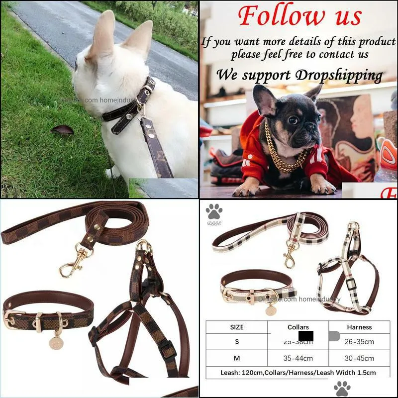 Leather Dog Collars for Small Medium Dogs Adjustable Soft Breathable Padded Puppy Collar with Alloy Buckle Heavy Duty Waterproof Classic Dog Harness Leash Brown
