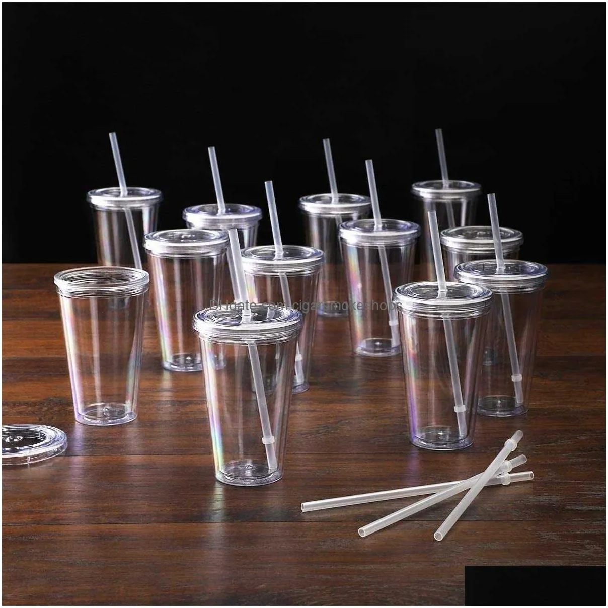 16oz/22oz reusable travel ice coffee mugs double wall insulate clear plastic tumblers with lid and straws 1pcs 3pcs 12pcs/set