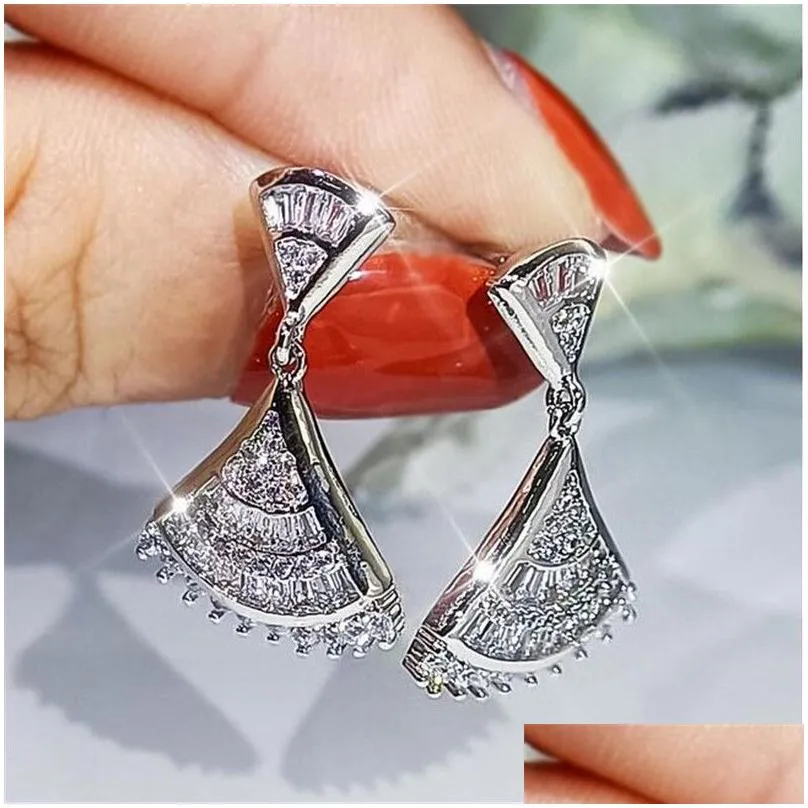 2021 Top Sell Luxury Jewelry Set 925 Sterling Silver Full Princess Cut White Topaz CZ Diamond Skirt Clavicle Necklace Dangle Earring Women Wedding Open Ring