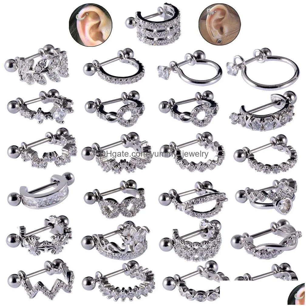 nose rings studs 25pcslot ear cartilage ring stainless steel barbell with cz hoop tragus cartilage cuff piercing helix daith rook lobe earrings