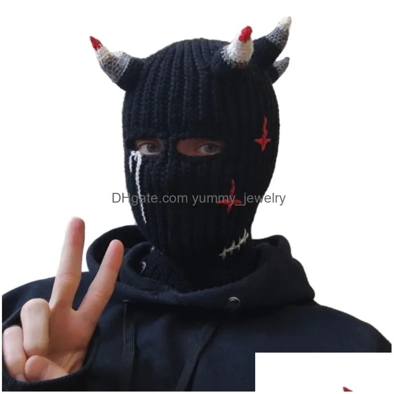 beanieskull caps halloween funny horns creative knitted hat beanies warm full face cover ski mask windproof balaclava for outdoor sport