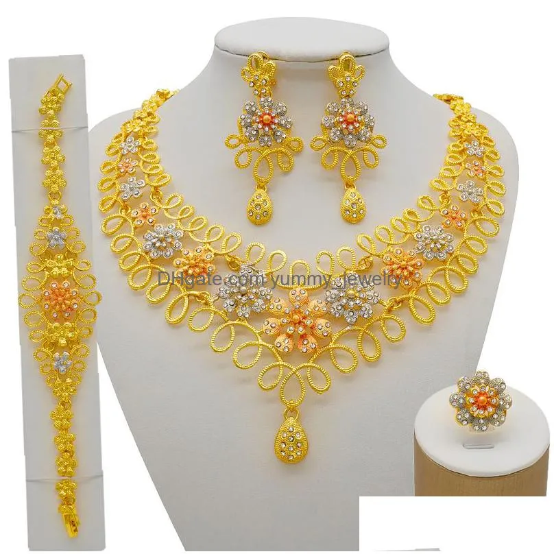 nigeria dubai gold color fine flowers jewelry sets african wedding gifts party for women bracelet necklace earrings ring set 220810