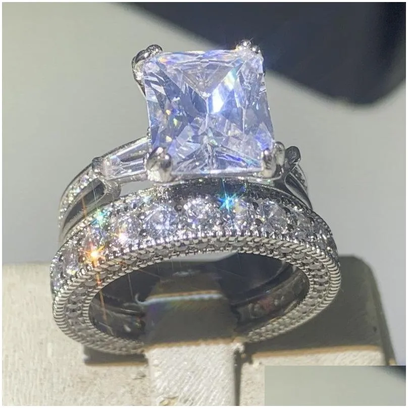 Choucong Brand New Vintage Jewelry 925 Sterling Silver Couple Rings Princess Cut Large Topaz Eiffel Tower Women Wedding Bridal Ring