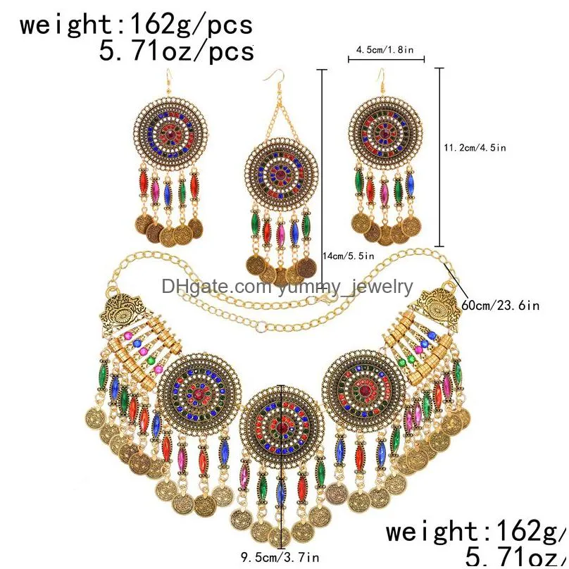 earrings necklace 3 pc indian jewerly sets for women boho ethnic hairbands coins tassels vintage colorful crystal drop female 230410
