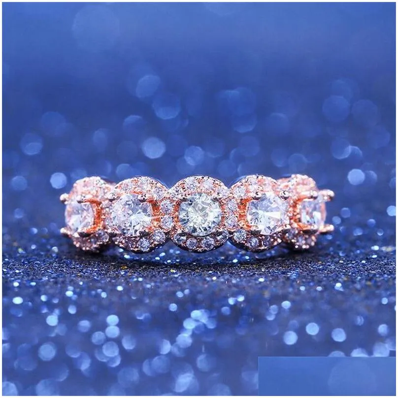 2019 Top Selling Luxury Jewelry 925 Sterling Silver Rose Gold Fill Three Stone White 5A Cubic Zirconia Eternity Women Wedding Band