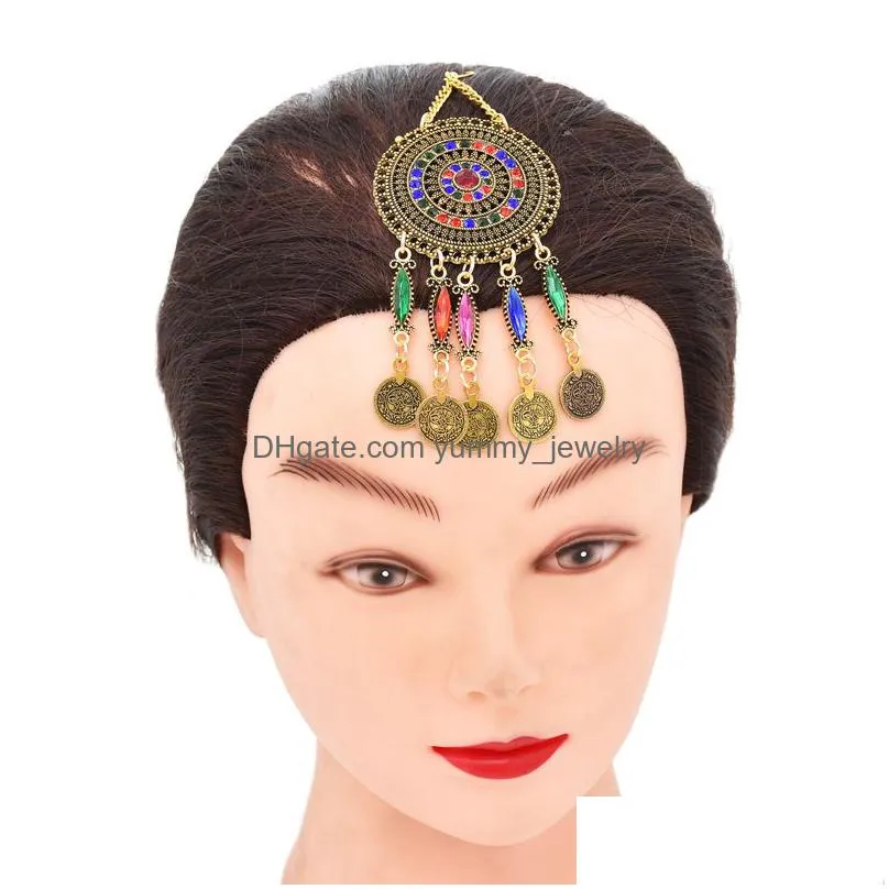 earrings necklace 3 pc indian jewerly sets for women boho ethnic hairbands coins tassels vintage colorful crystal drop female 230410