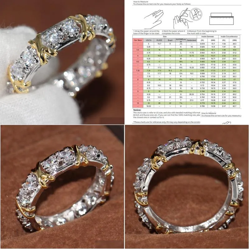 Wholesale Professional Eternity Diamonique CZ Simulated Diamond 10KT White Yellow Gold Filled Wedding Band Cross Ring Size 5-11