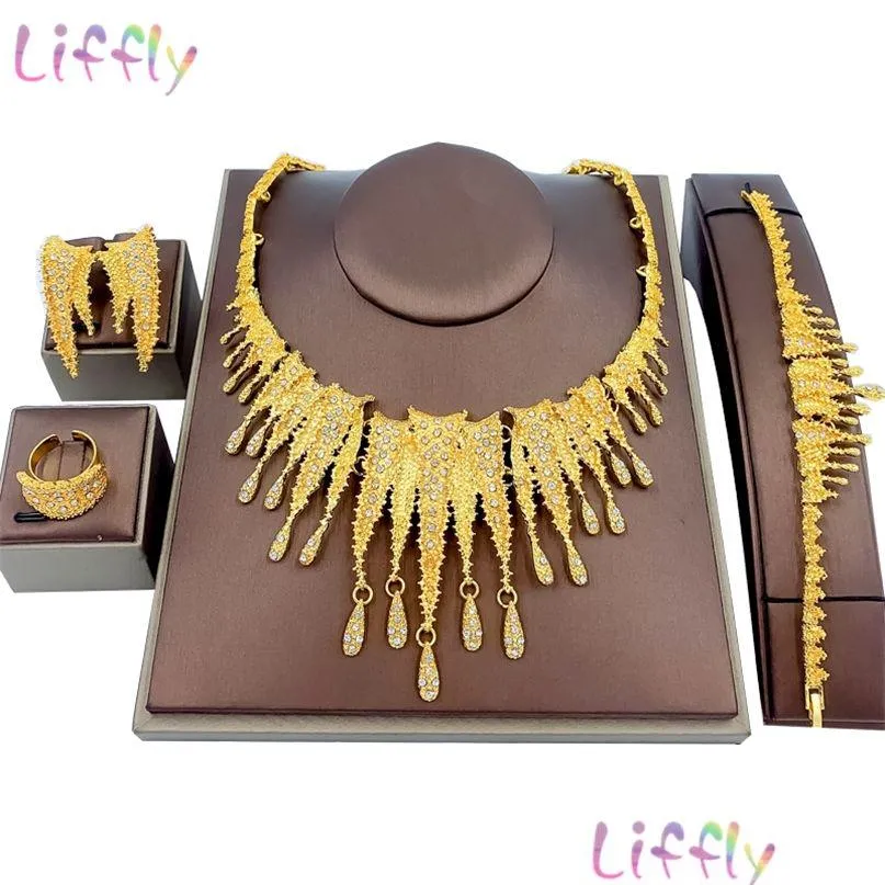 liffly fashion sets dubai gold jewelry elegant women shape big necklace african bridal wedding bracelet earrings ring 220810