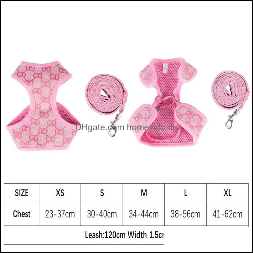 Designer Dog Harness Leashes Set Soft Air Mesh Pet Vest Classic Jacquard Lettering Step-in Dog Harnesses for Small Dogs Cat Teacup Puppies Shih Tzu Poodle Pink