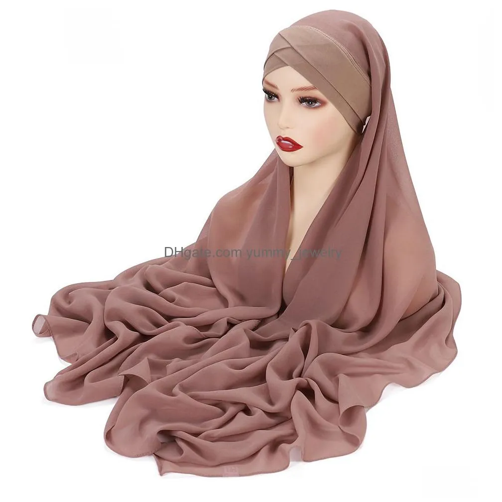 hijabs instant headscarf chiffon shawl sewn inner hat comfortable headscarf muslim women`s islamic underwear 175x70cm 230512