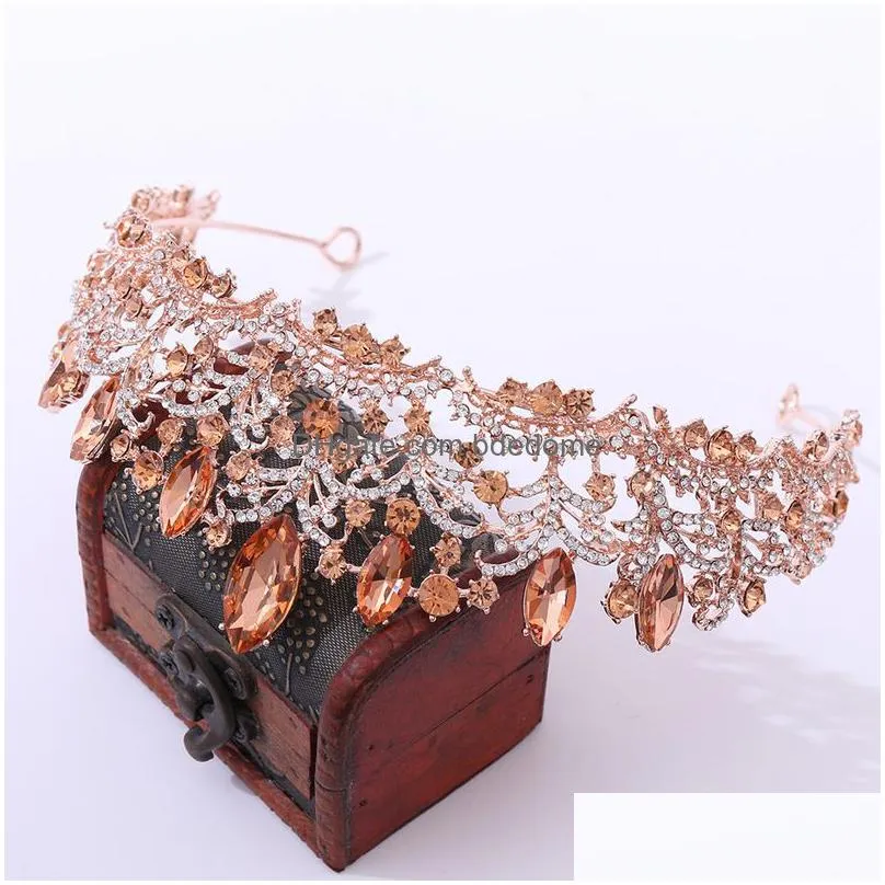 wedding hair jewelry baroque retro rose gold peach crystal bridal tiaras crown pageant diadem veil tiara headband accessories 220831