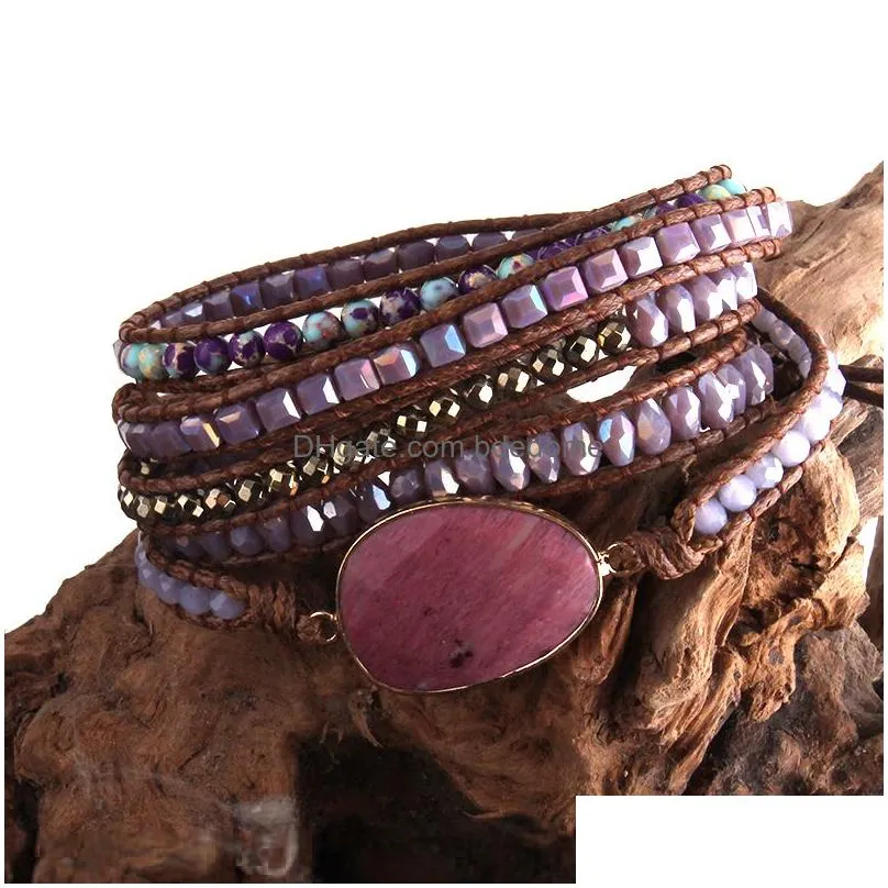 bangle rh fashion leather boho armbander green mixed natural stones charm 5 strands beaded wrap bracelets drop 220831