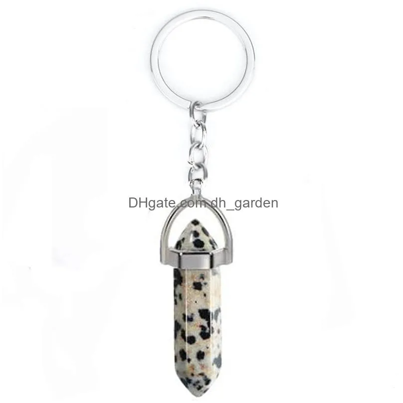 fashion jewelry natural crystal stone keychain pendant hexagon pillar keychains luggage decoration key chain keyring