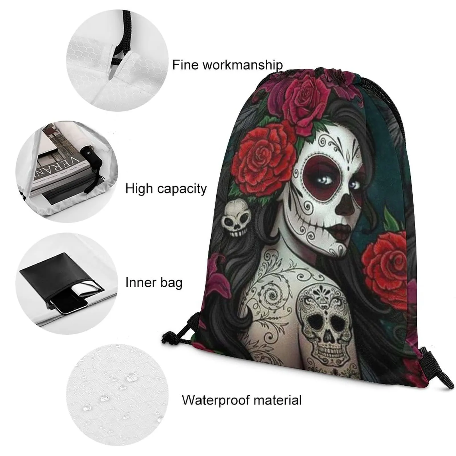 day of the dead floral skull goth drawstring backpack durable cinch bag string bags sackpack for gym shopping sport yoga