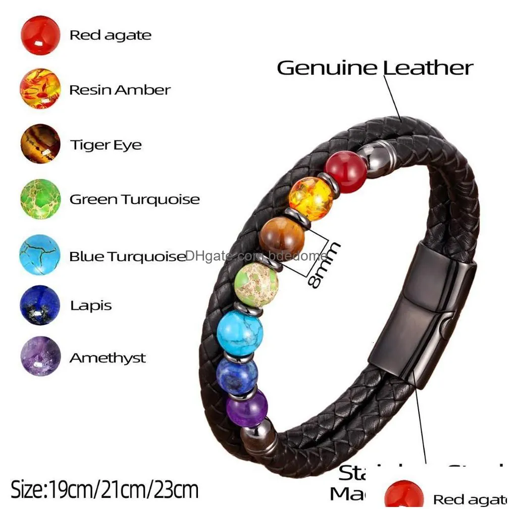 charm bracelets chakra men bracelet 7 color natural yoga healing stone beads black genuine leather hommes pulseras jewelry gifts