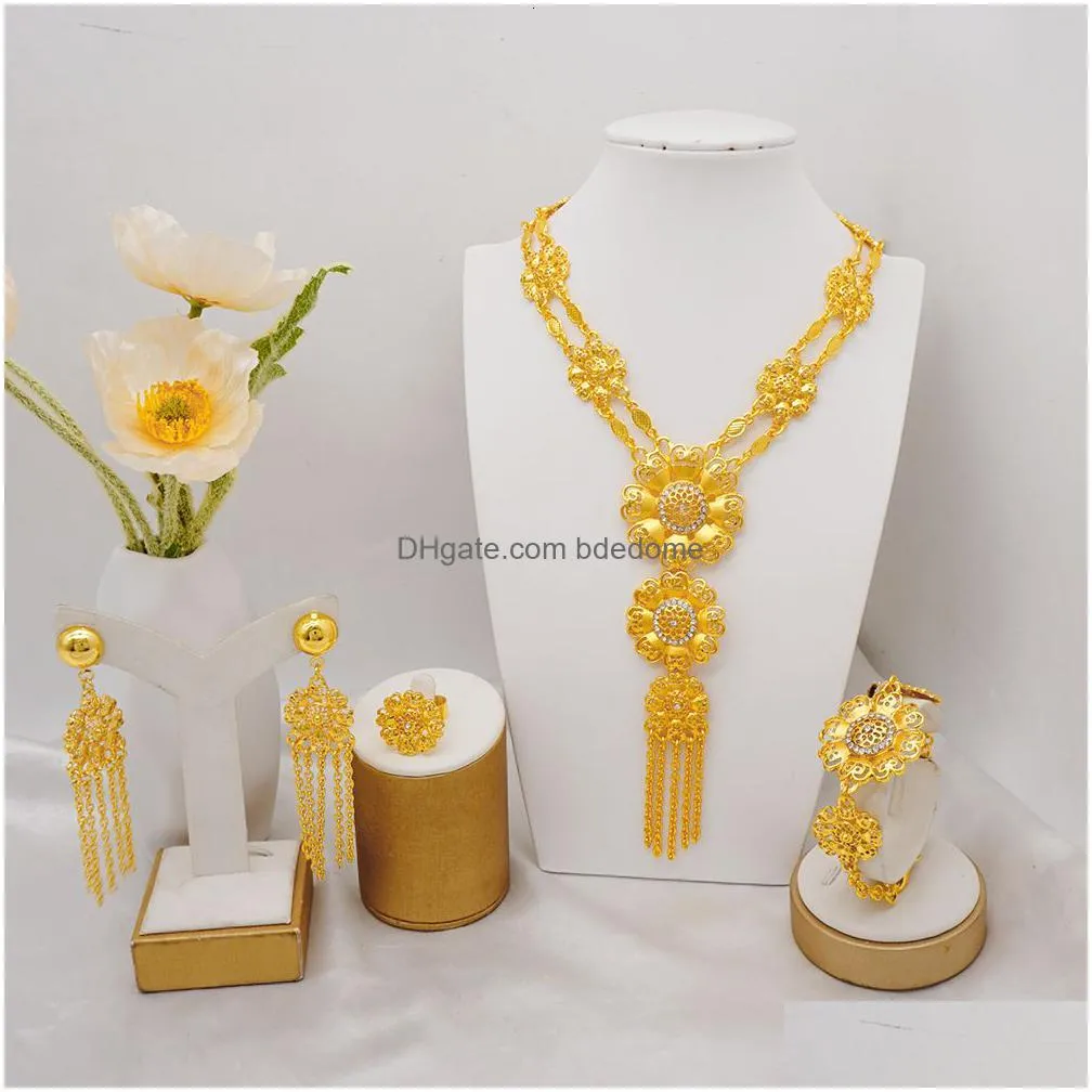 wedding jewelry sets luxury crystal flower dubai gold color jewelry sets for women bridal long tassel necklace sets african arab wedding party gifts