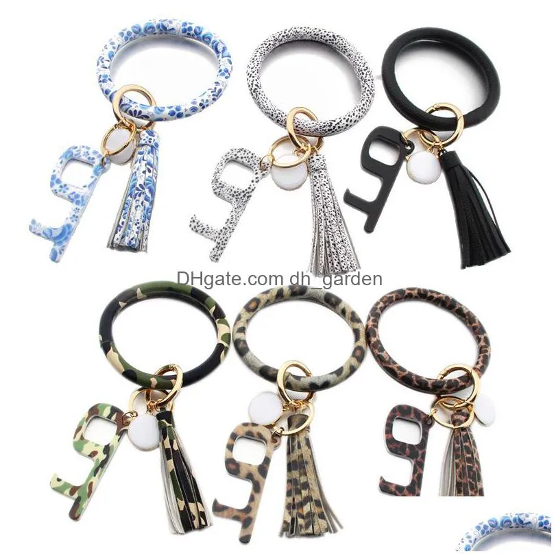 pu leather keychain door opener fashion printing bracelet keyring anti contact press elevator