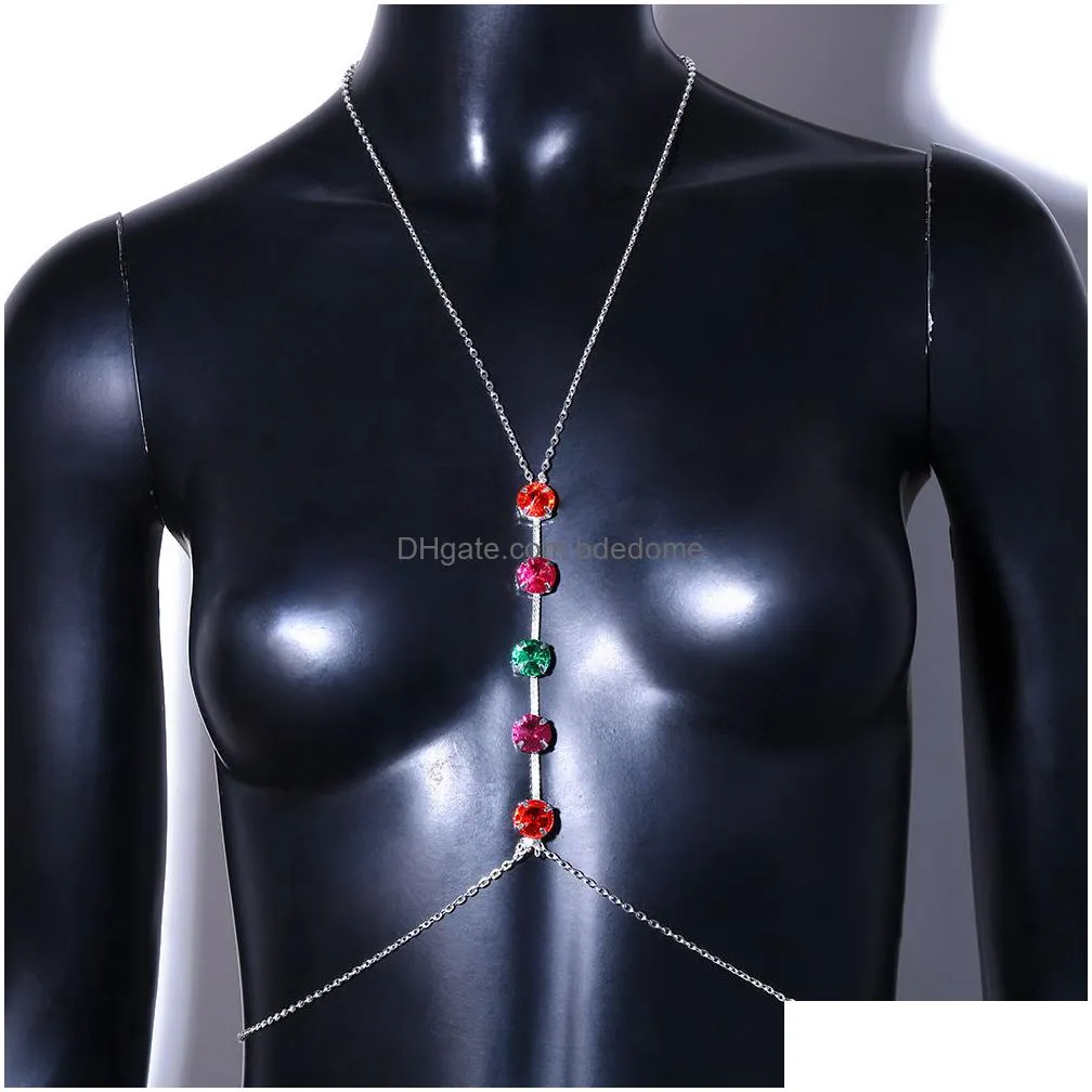 other colorful crystal belly waist chain body jewelry necklace for women metal link chest harness bra sexy festival clothing 221008
