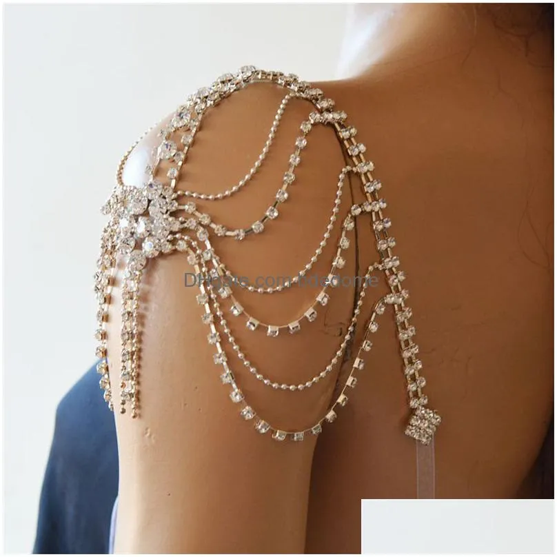 other fashion multilayer one shoulder chain boho bride wedding super sparkling crystal tassel shawl chain jewelry wholesale 221008