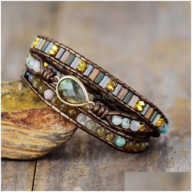 bangle women ethnic leather wrap bracelet labradorite moonstone beads 3 strands bracelet boho jewelry wholesale drop 220831