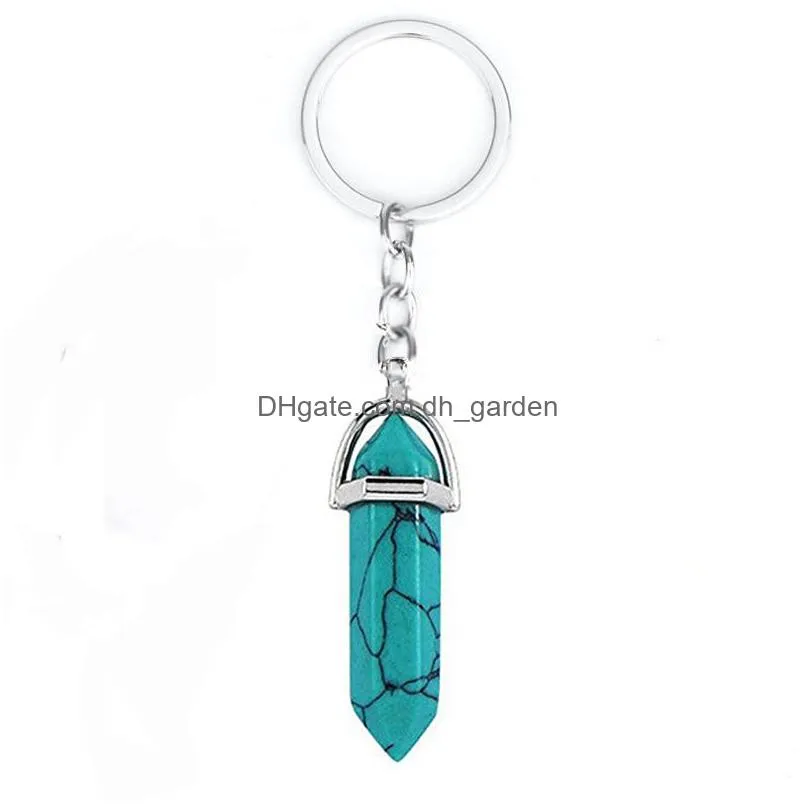 fashion jewelry natural crystal stone keychain pendant hexagon pillar keychains luggage decoration key chain keyring