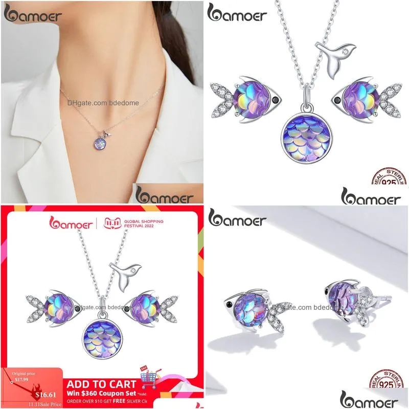 pendant necklaces 925 sterling silver purple fish jewelry set happy tropical litte earrings necklace for women fashion sce1028 221109