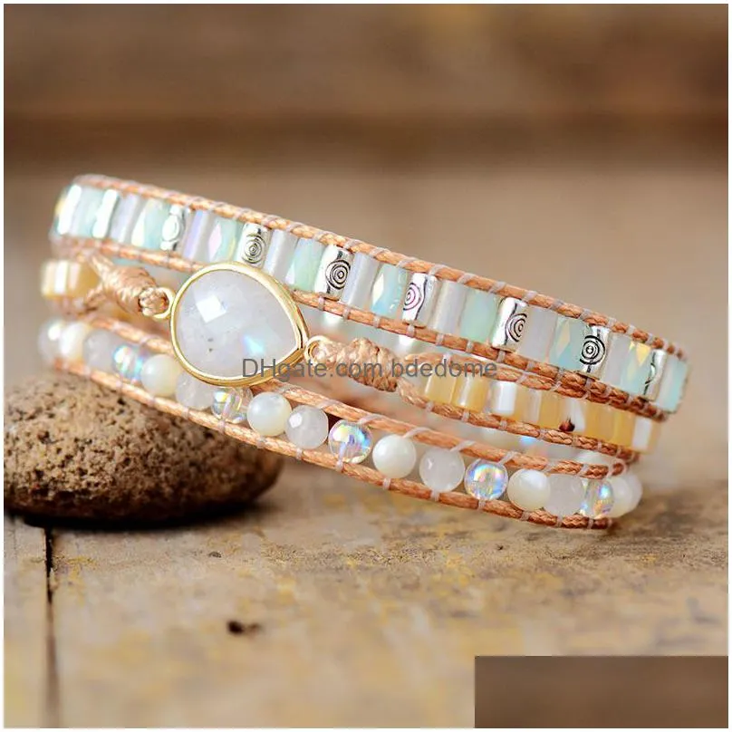 bangle women ethnic leather wrap bracelet labradorite moonstone beads 3 strands bracelet boho jewelry wholesale drop 220831