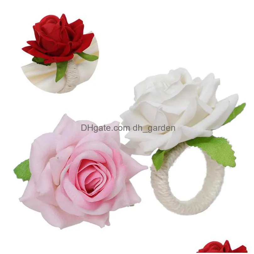 valentine`s day rose flower napkin ring romantic simulation champagne napkin buckle creative hemp rope braided table decoration