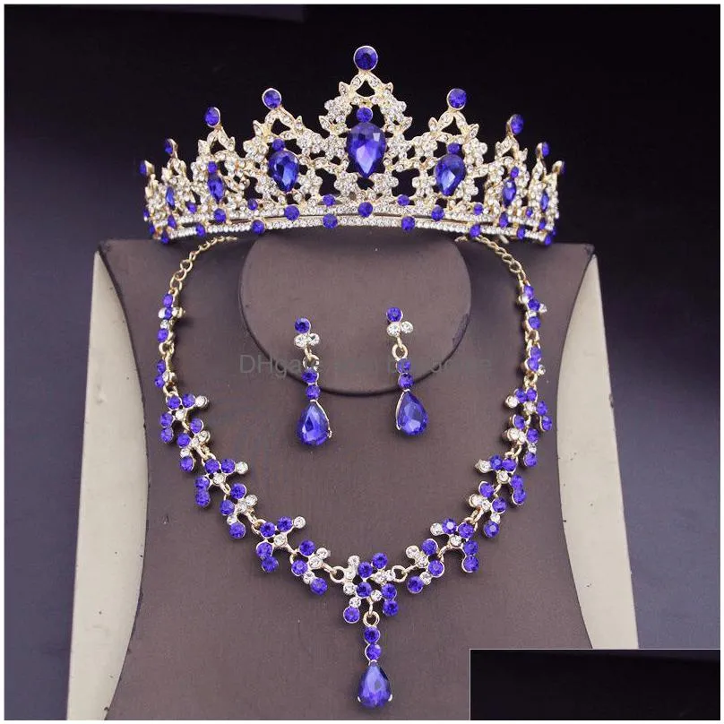 wedding jewelry sets luxury blue crystal bridal for women fashion tiaras earrings necklaces crown necklace bride 230216