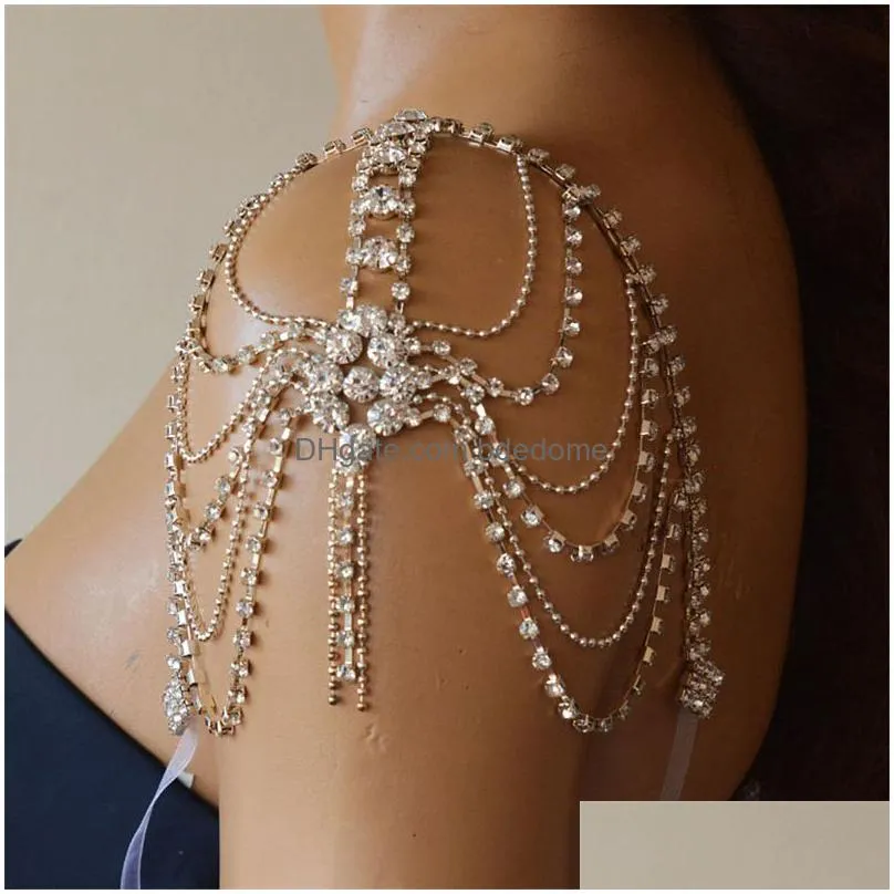 other fashion multilayer one shoulder chain boho bride wedding super sparkling crystal tassel shawl chain jewelry wholesale 221008