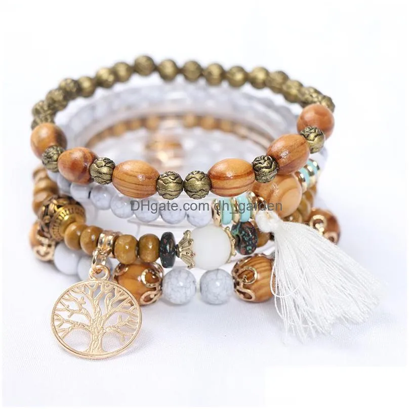 bohemian tassel bracelet wood beads beaded bracelet life tree pendant bracelets 4pcs/set