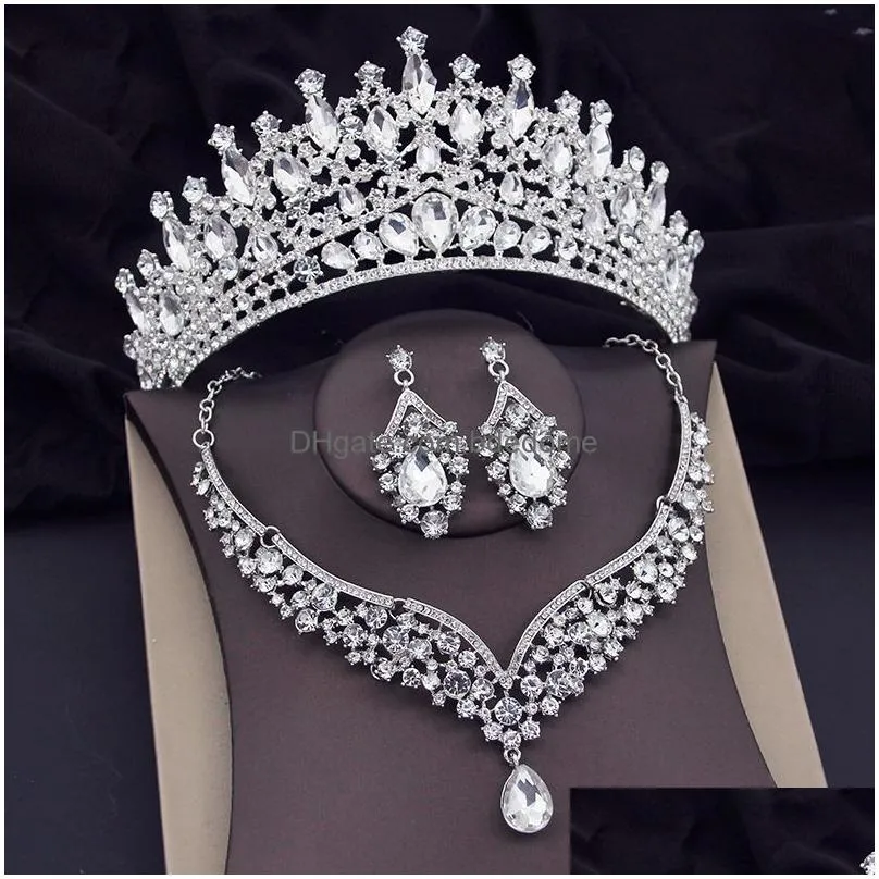 wedding jewelry sets green crystal crown necklace earring luxury bridal for women prom tiaras bride dubai 230216