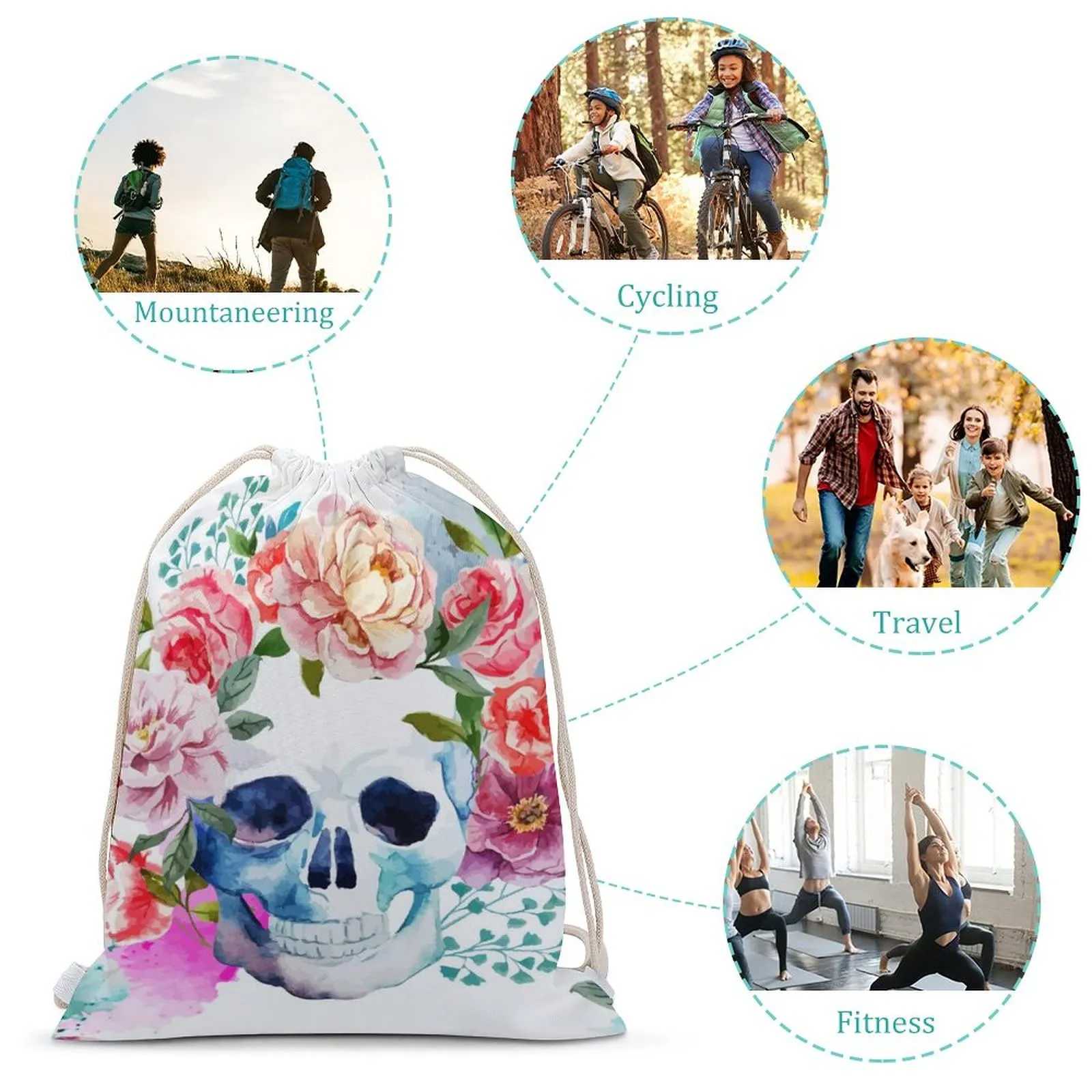 skull and flowers day of the dead canvas drawstring backpack trendy daypack sackpack for sports gym travel