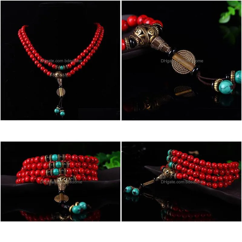 charm bracelets wholesale buddhist 108 mala prayer 8mm red pine stone bead men yoga meditation necklace drop 230215