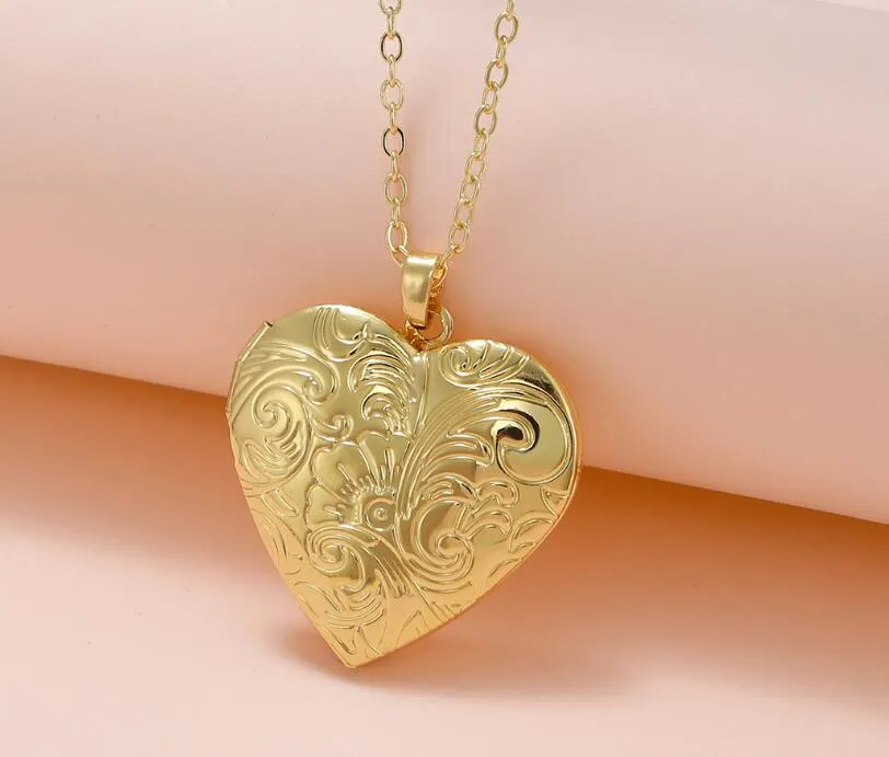 gold silver color diy floating locket heart shape pattern pendant necaklace female womens ladies girls gift fashion jewelry for mom