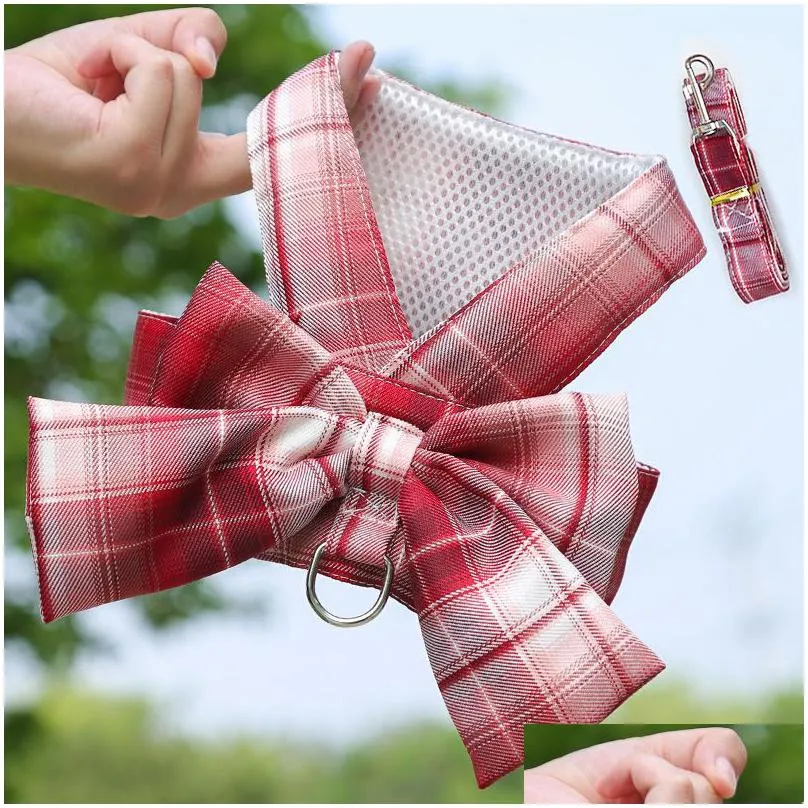 plaid pattern dog skirt pets cat dog apparel with bow cute pet harnesses skirt and leashes set small dogs vest princess dresses ps2084