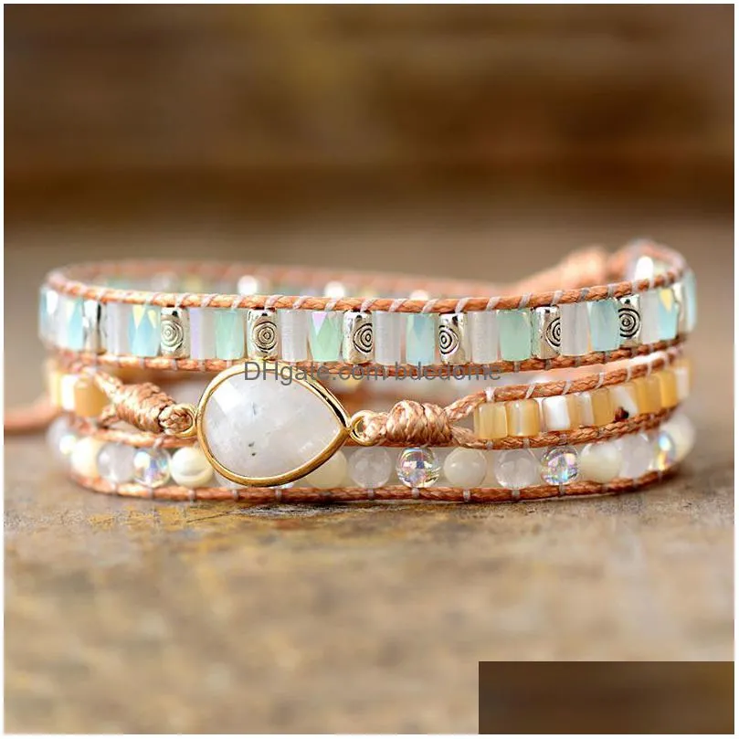 bangle women ethnic leather wrap bracelet labradorite moonstone beads 3 strands bracelet boho jewelry wholesale drop 220831