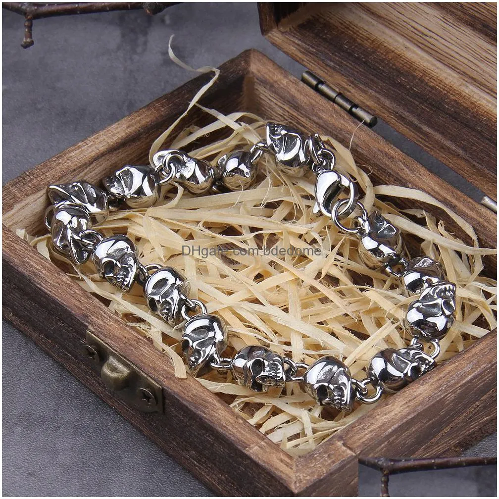 charm bracelets stainless steel design men punk skull chain bracelet fashion stainless charm jewelry with box 230215
