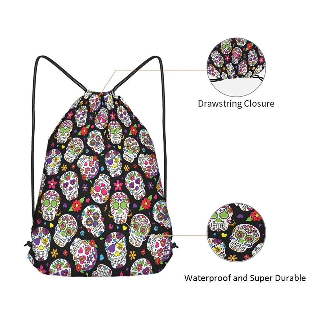 mexican sugar skull drawstring bags backpack bag dead of the dead colorful skeleton flowers heart pattern sport gym sack drawstring bag string bag yoga bag for men women