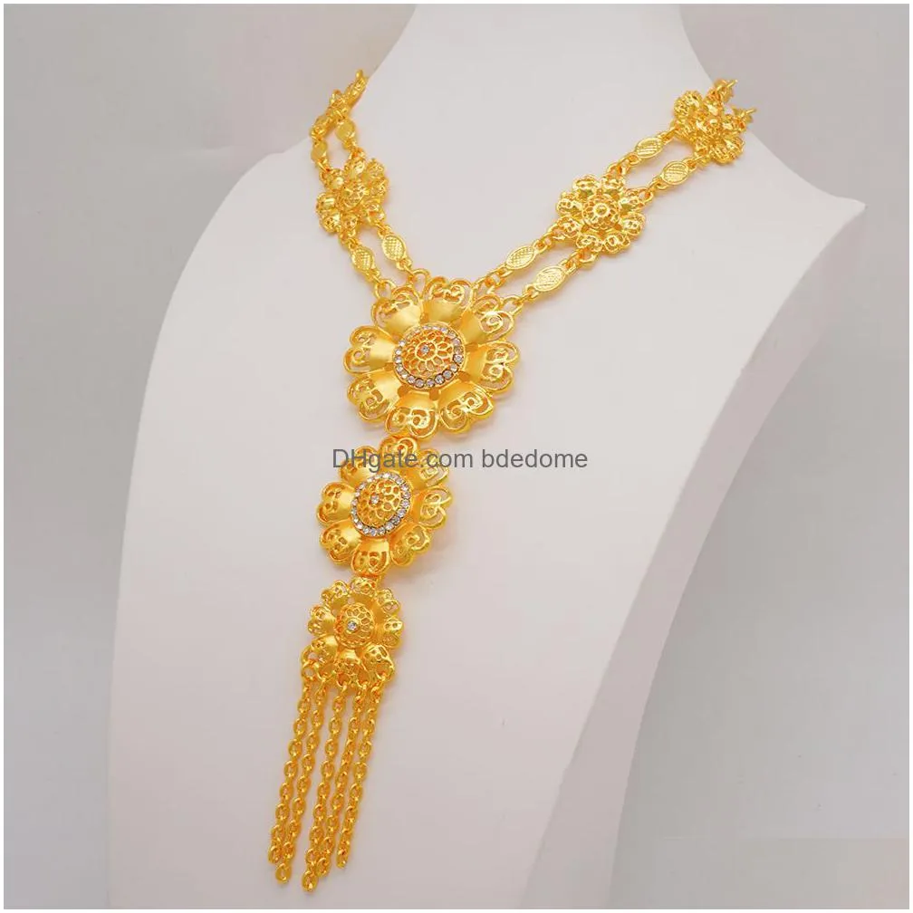 wedding jewelry sets luxury crystal flower dubai gold color jewelry sets for women bridal long tassel necklace sets african arab wedding party gifts