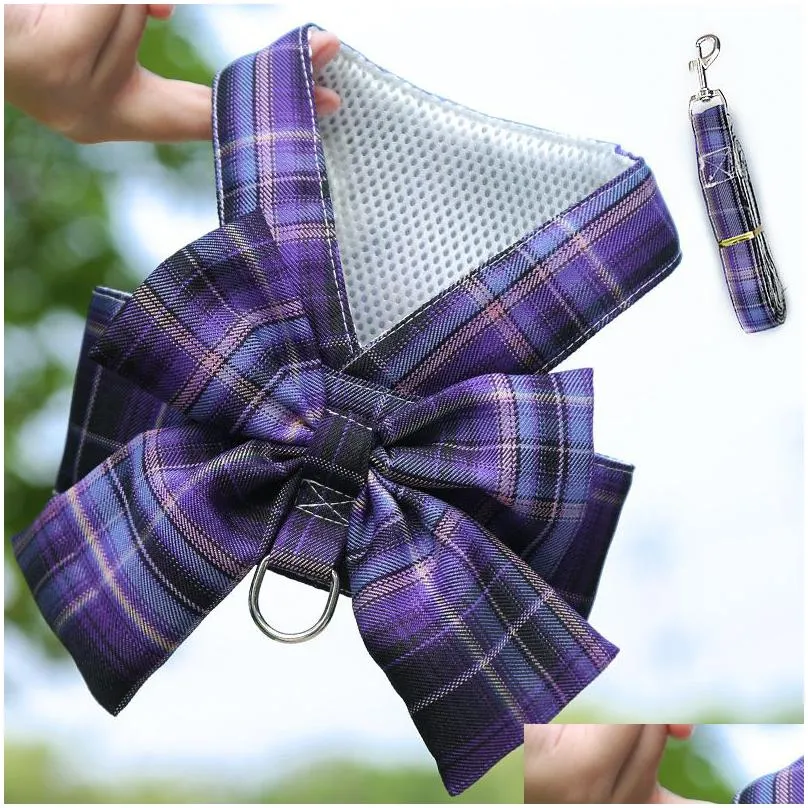 plaid pattern dog skirt pets cat dog apparel with bow cute pet harnesses skirt and leashes set small dogs vest princess dresses ps2084