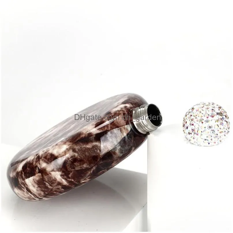 stainless steel diamond hip flask wood grain round portable ladies mini wine bottle with rhinestone lid