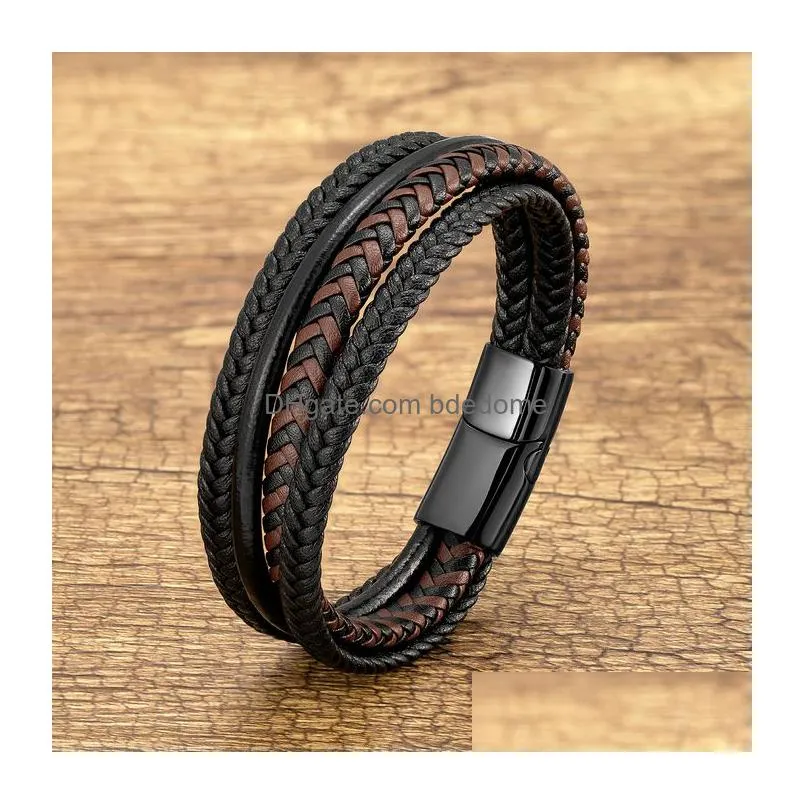 charm bracelets mens multilayer braided leather cord stainless steel magnetic buckle vintage for women fashion jewelry 230215