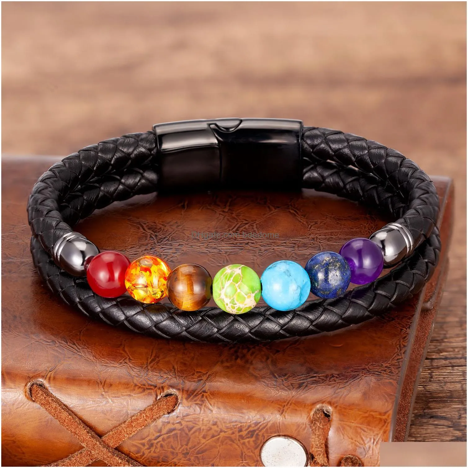 charm bracelets chakra men bracelet 7 color natural yoga healing stone beads black genuine leather hommes pulseras jewelry gifts