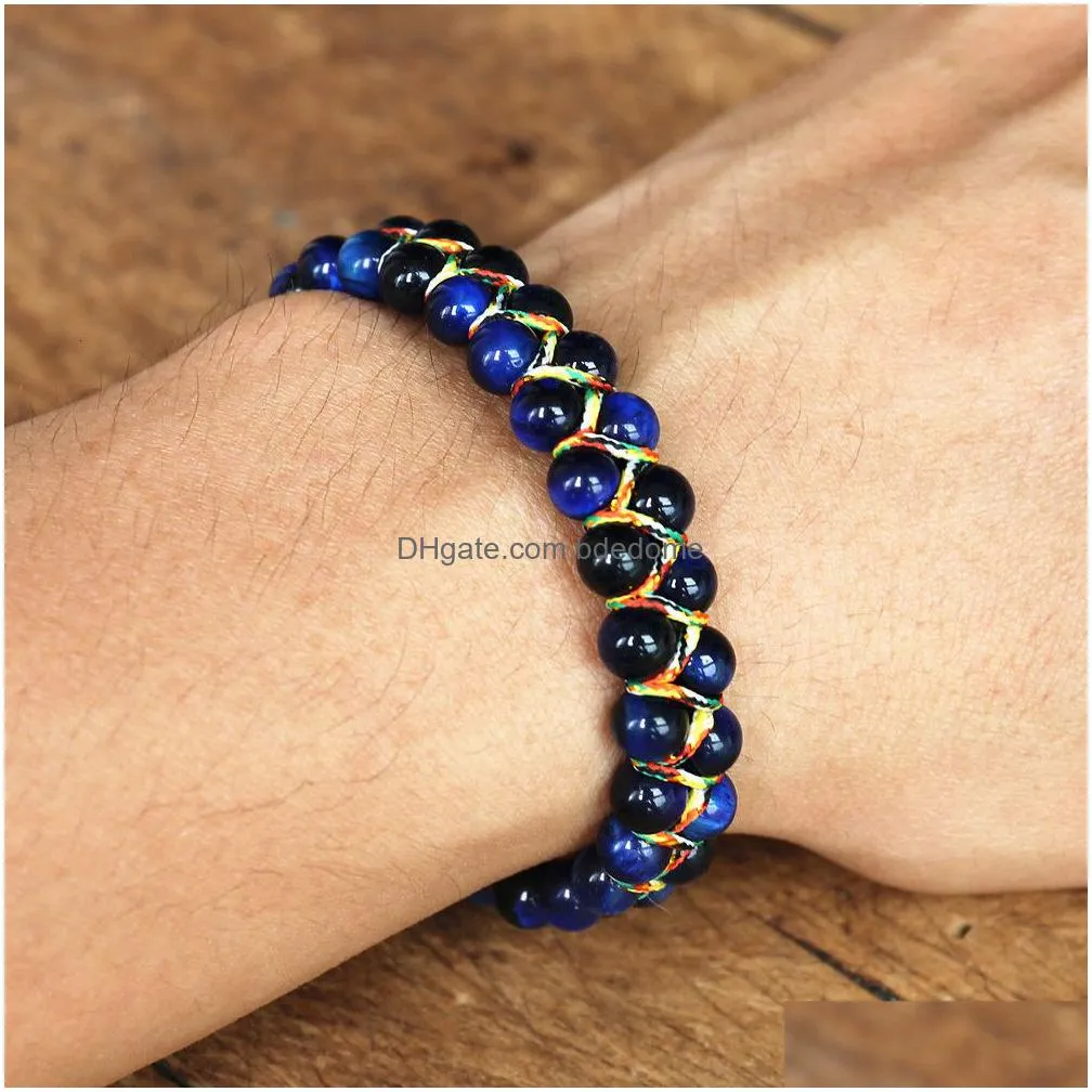 charm bracelets handmade 6mm blue tiger eye stone beads braided women men friendship strand bohemian jewelry 230216