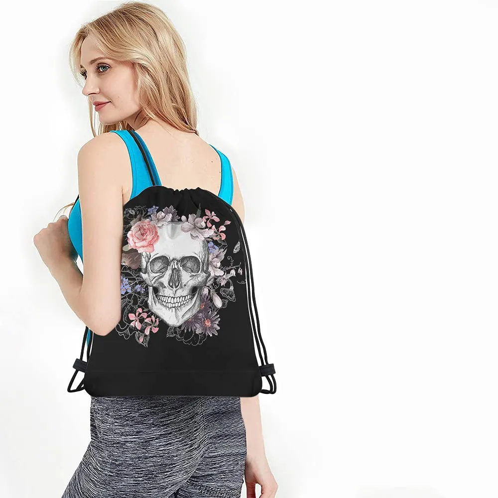 skull drawstring bags backpack bag day of the dead mexican sugar skeleton gothic style rose art floral sport gym sack drawstring bag string bag yoga bag for men women