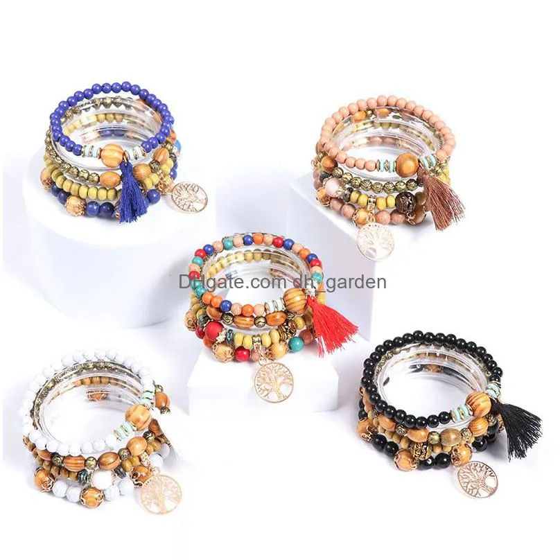 bohemian tassel bracelet wood beads beaded bracelet life tree pendant bracelets 4pcs/set