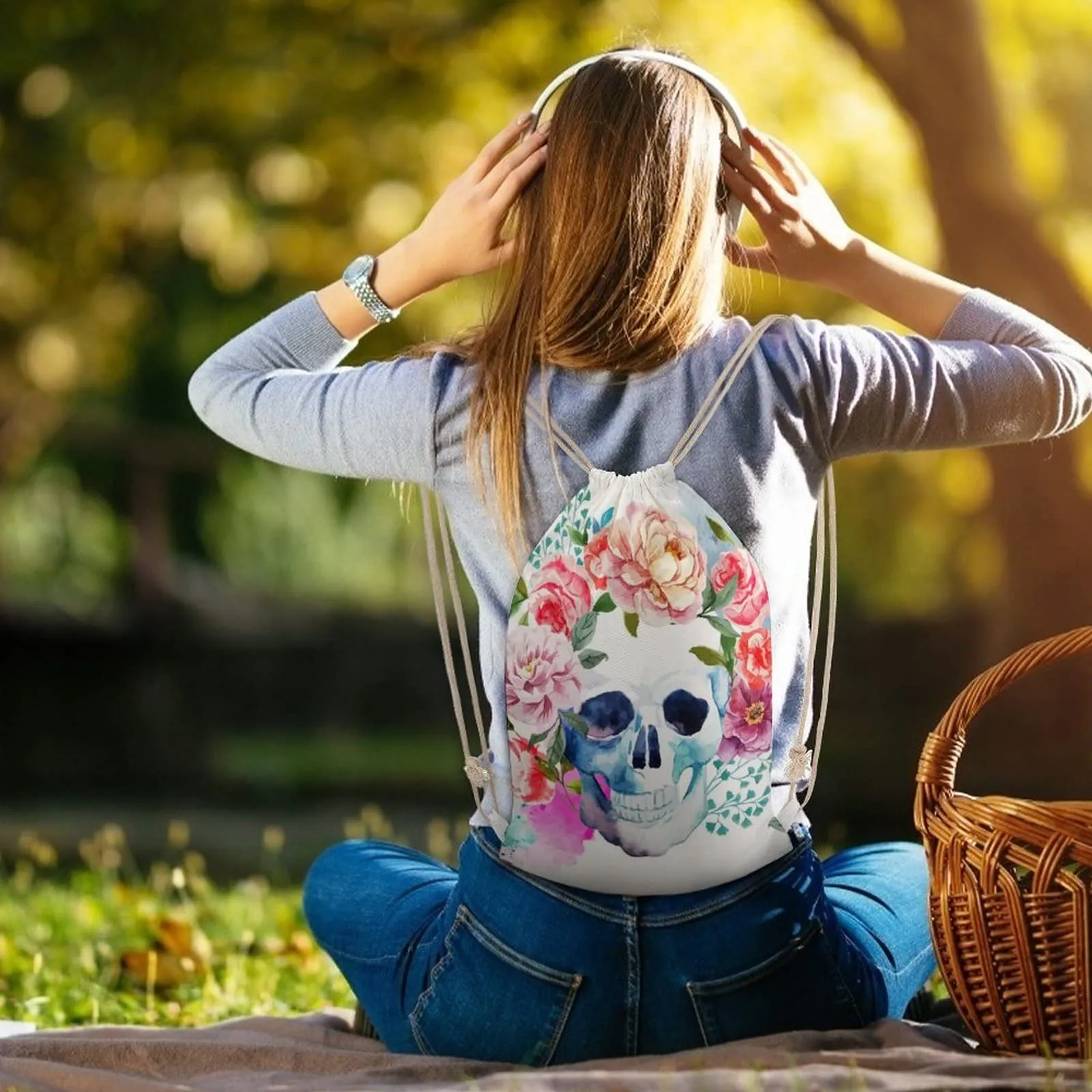 skull and flowers day of the dead canvas drawstring backpack trendy daypack sackpack for sports gym travel