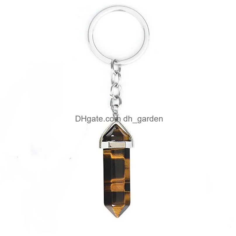 fashion jewelry natural crystal stone keychain pendant hexagon pillar keychains luggage decoration key chain keyring